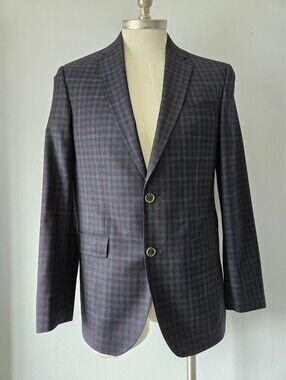 TED BAKER Endurance Wool Grey With Subtle Purple Plaid Two-Button Blazer. 38R